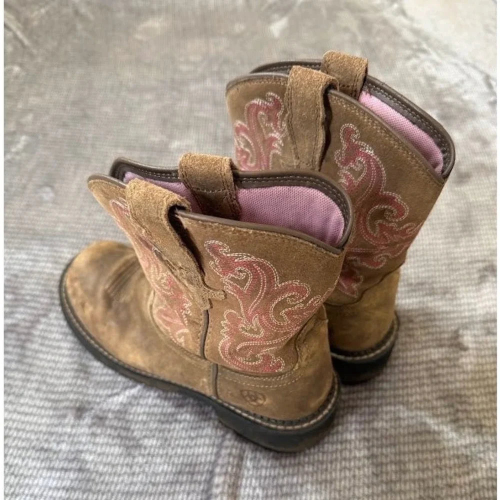 Ariat Girls Fatbaby Brown Leather Pink Embroidery Western Cowboy Boots Round Toe